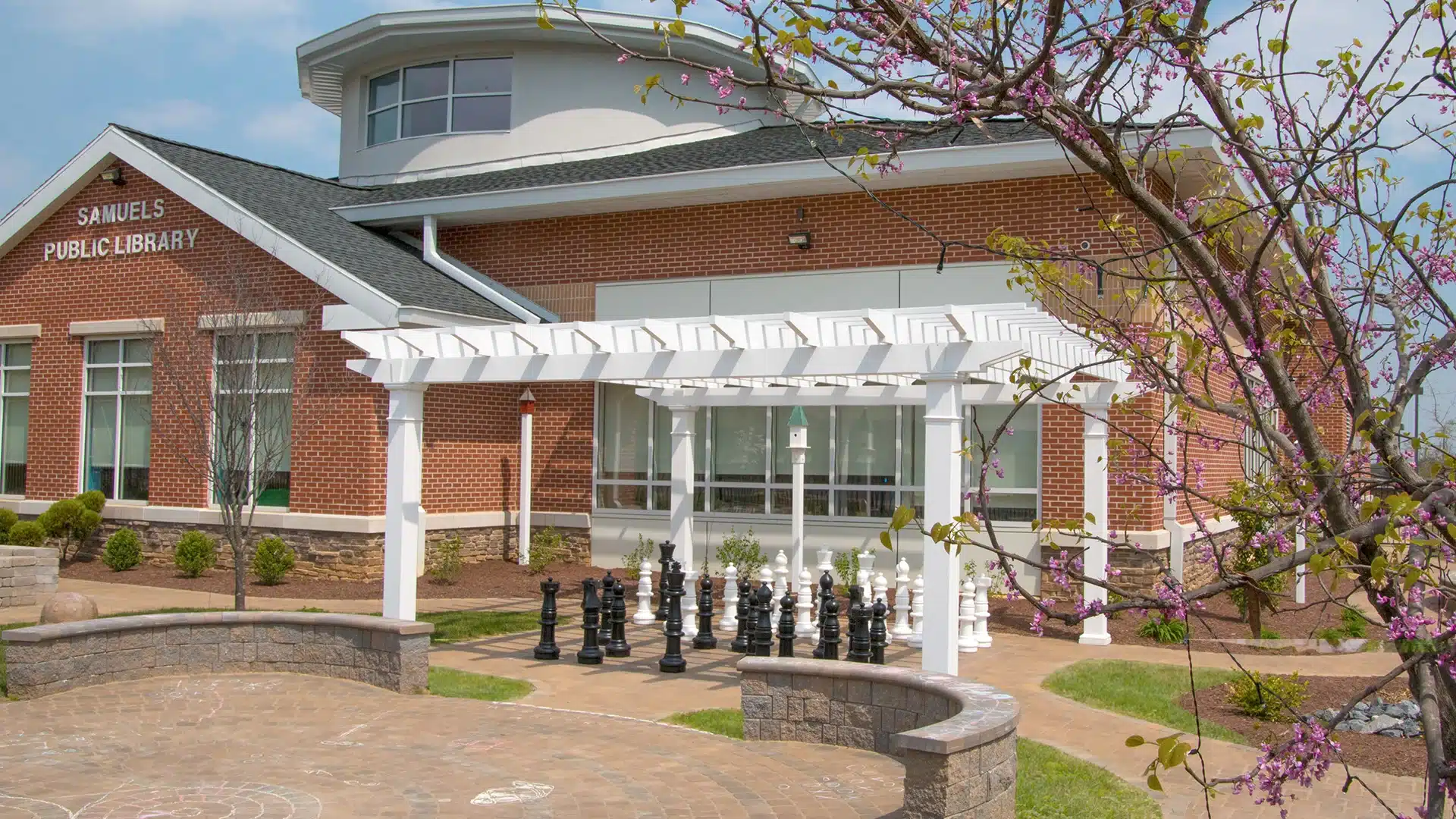 White Fiberglass Pergola at Samuels Library Virginia