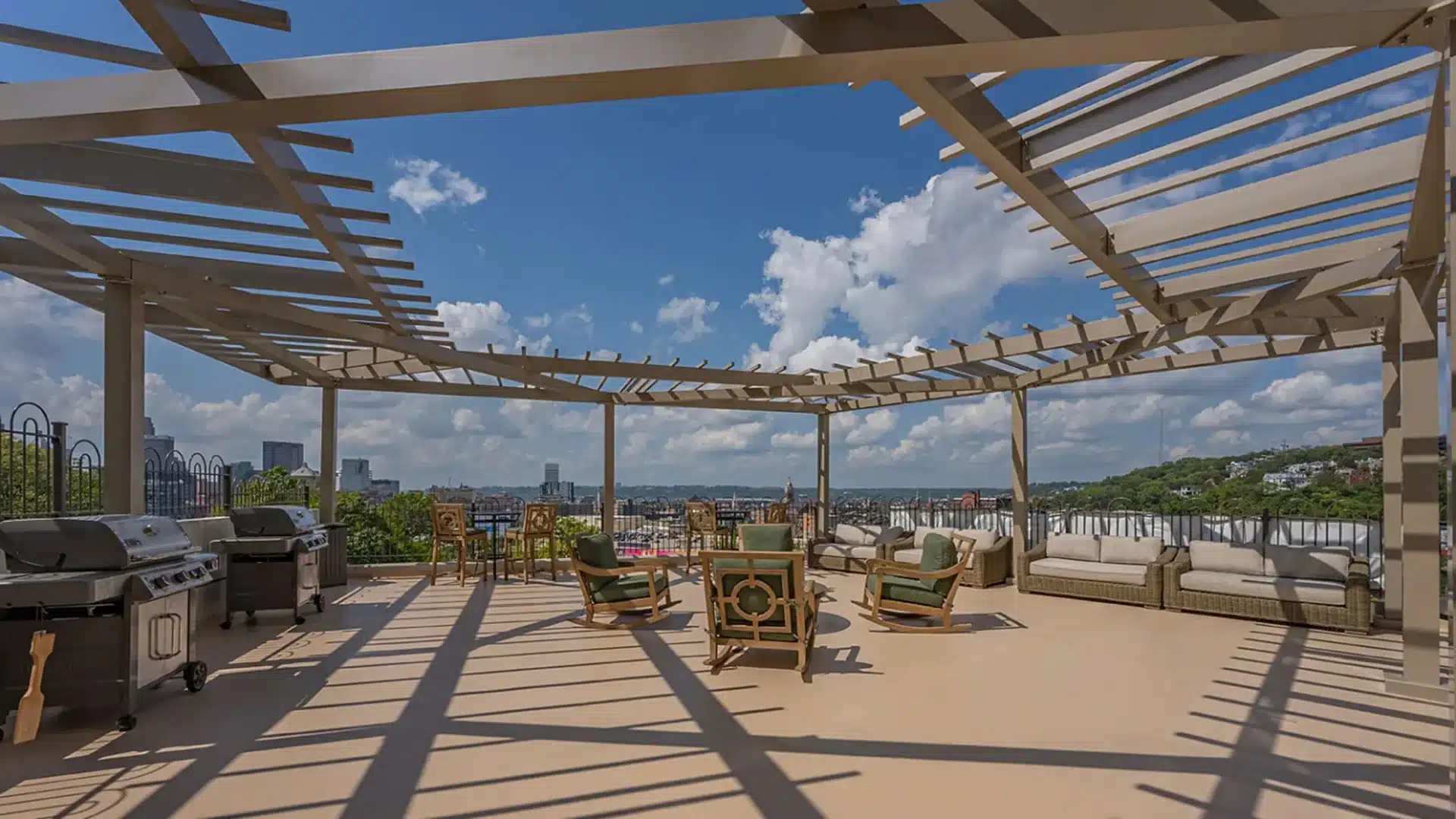 Custom rooftop aluminum pergola Adams Edge Apartments
