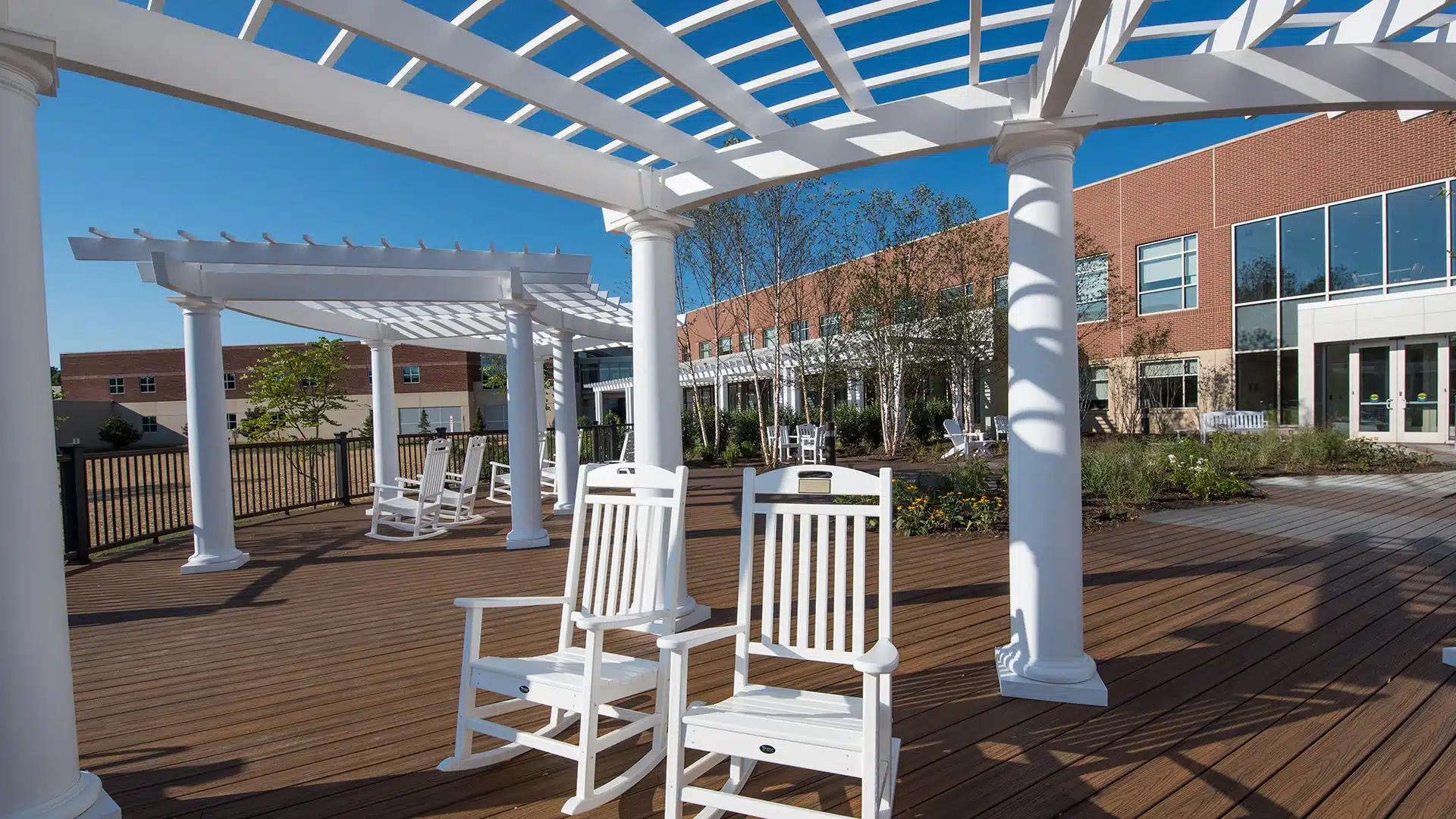Custom Curved Trex Pergolas on a Trex Deck at Valley Health Center