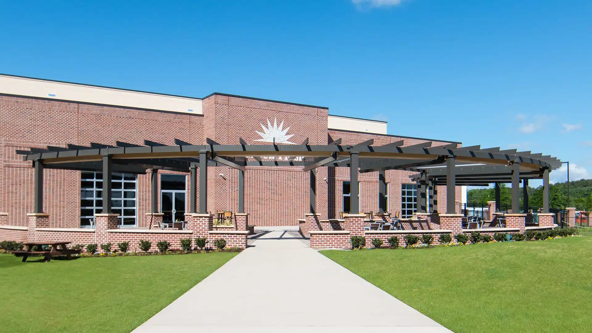 Custom commercial Trex Pergola with shade canopies