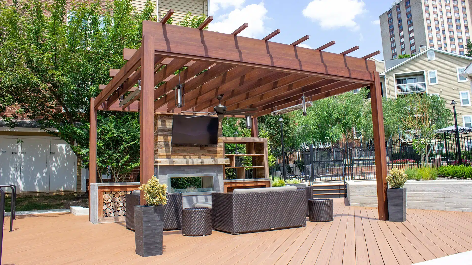 Brown Jordan custom aluminum pergola with wood grain finish