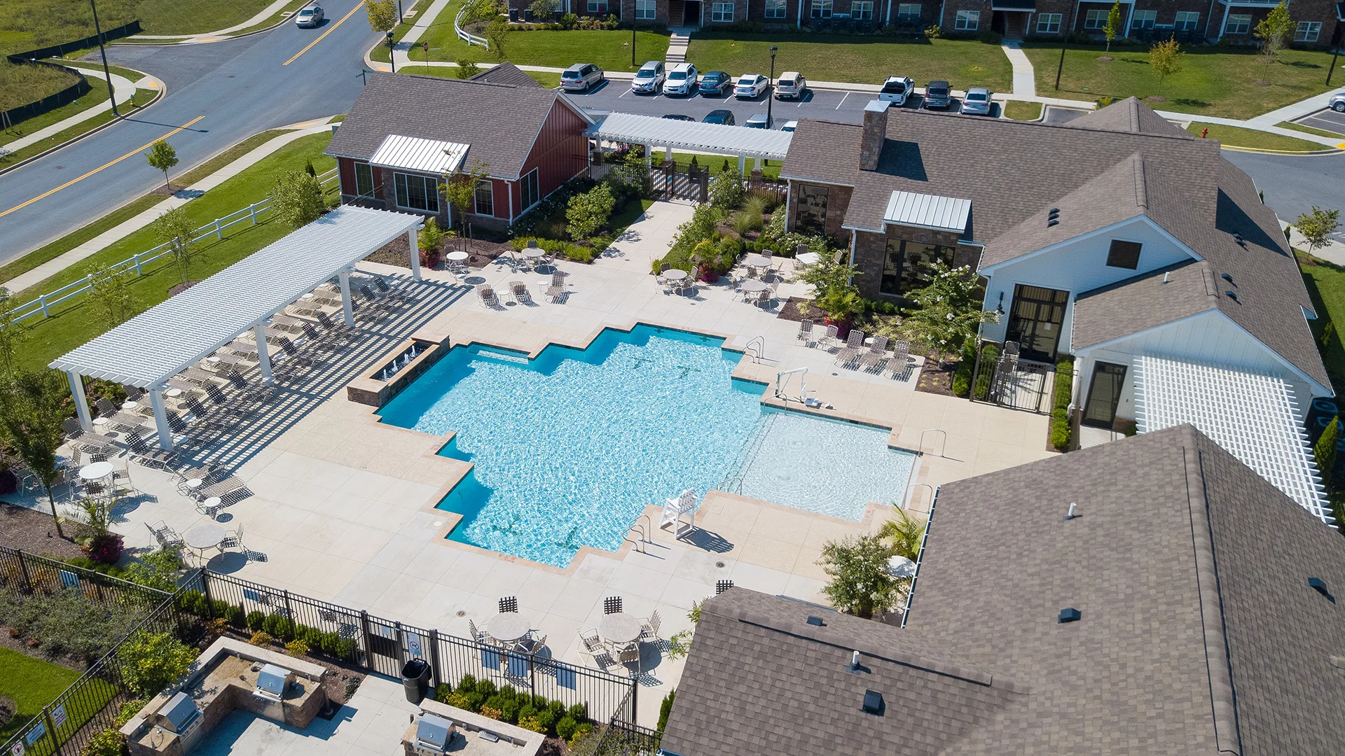 Fiberglass pergolas poolside in multi-family apartment community