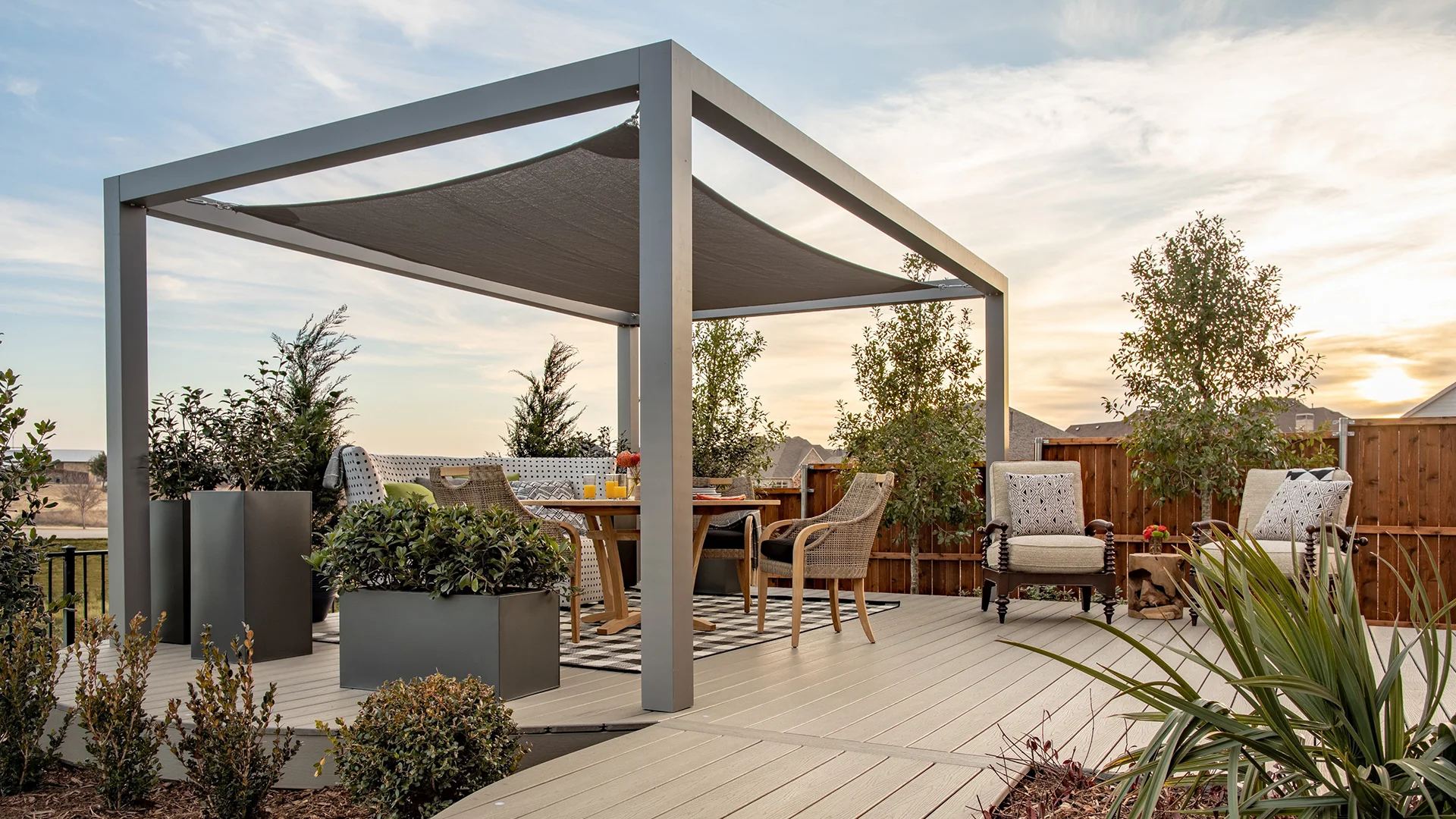 Custom Trex Pergola with tensioned shade canopy HGTV Smart Home 2019