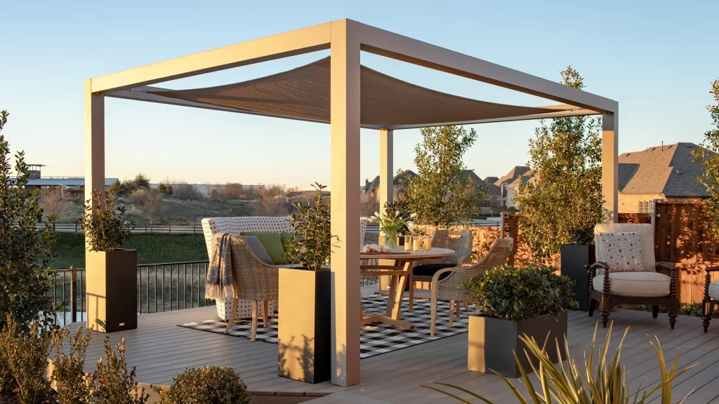 Custom Trex Pergola with tensioned shade canopy HGTV Smart Home 2019
