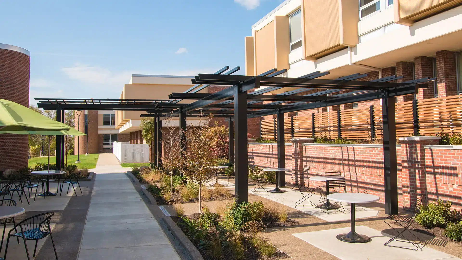 Custom aluminum pergola at Penn State University courtyard