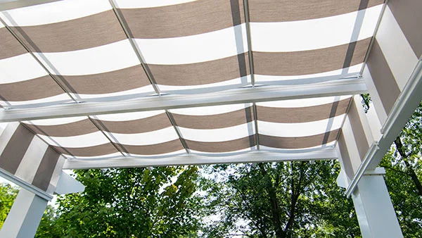 Trex Pergola with ShadeTree canopies - striped canopy fabric