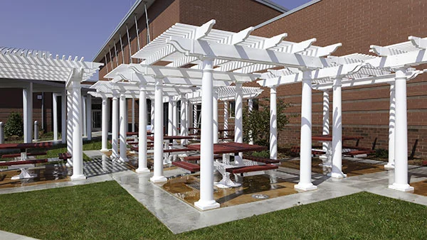 White Vinyl Pergolas for outdoor classroom at elementary school