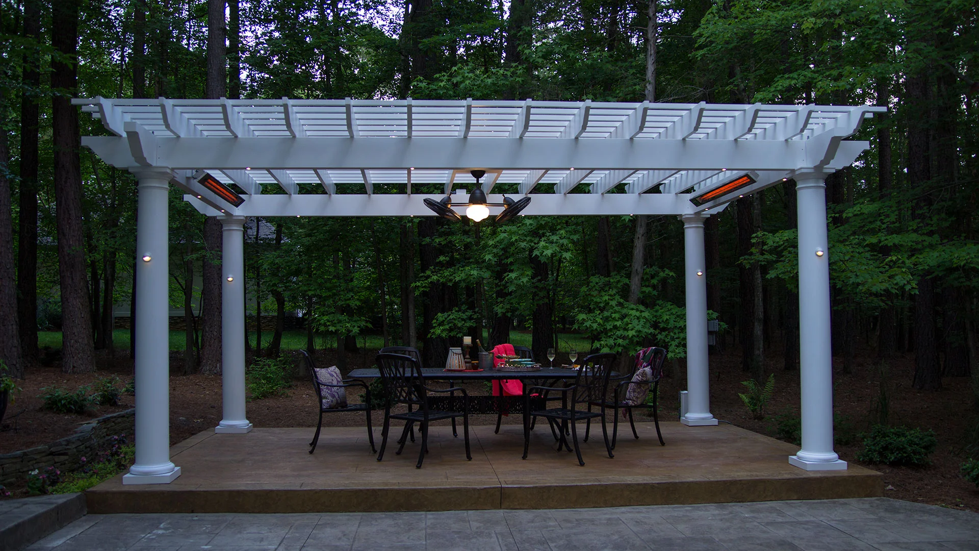 Structureworks pergola kit with enhanced comfort features such as lights, fans, and heaters.