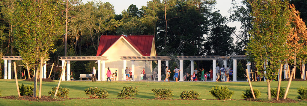 multiple pergolas providing shade in a public park