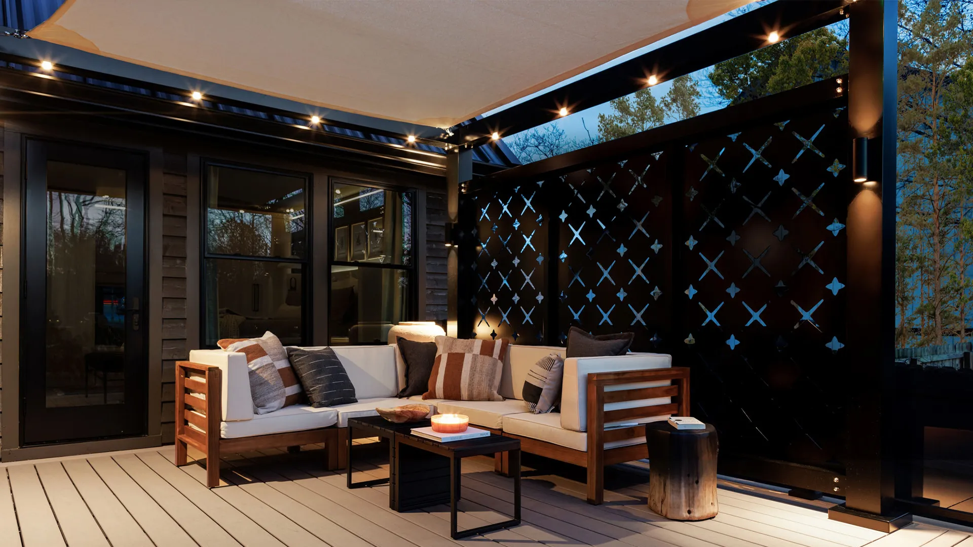 Structureworks pergola kits can include features like lights, fans, heaters, and more.