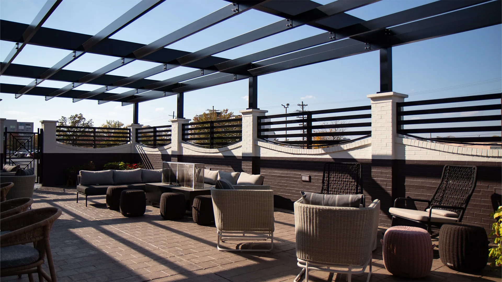 Aluminum pergola over outdoor lounge at Crown Plaza Hotel in Louisville. KY