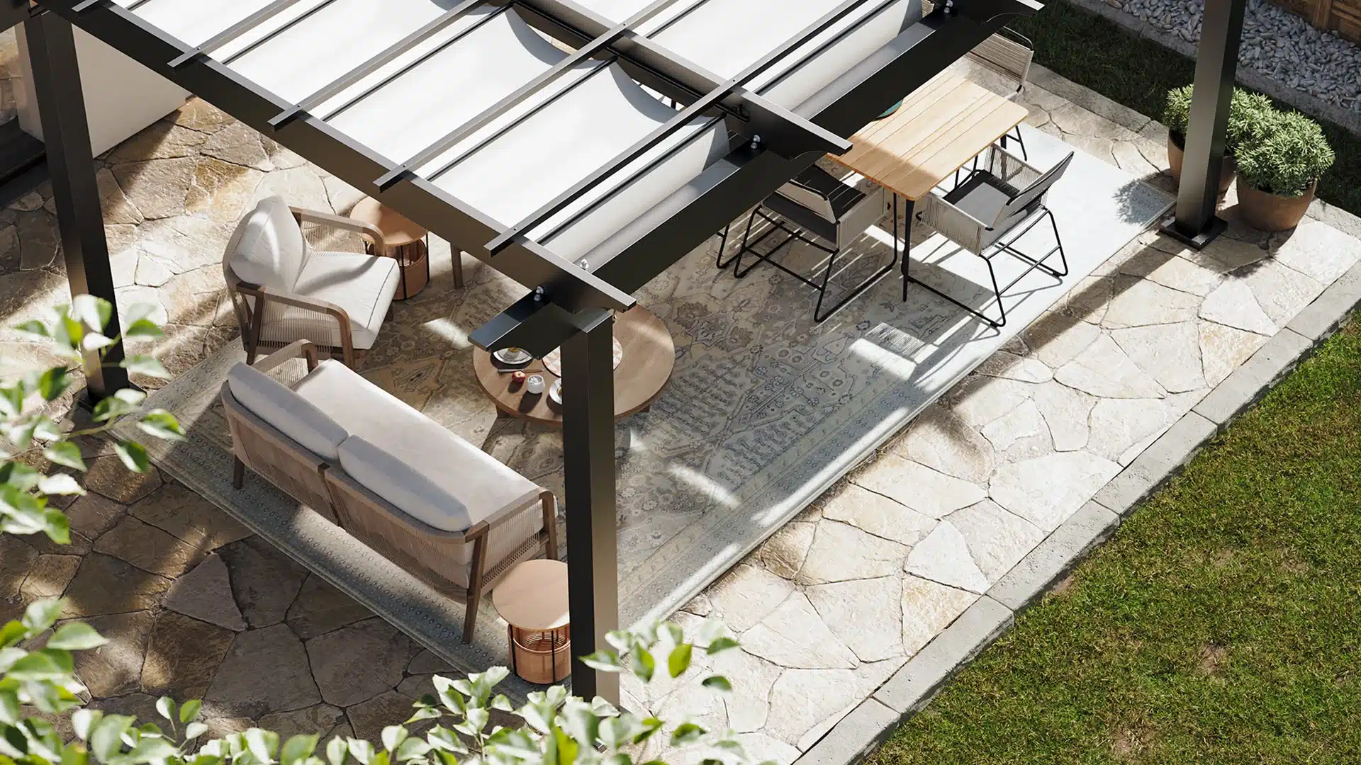 Atlas aluminum pergola with ShadeFlex canopies looking down