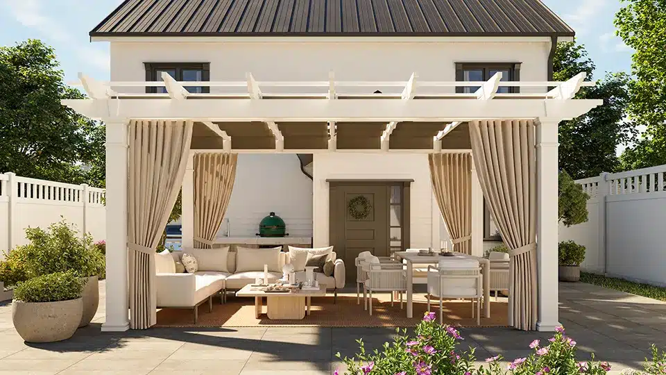 Wave Outdoor Curtains on Windsor Pergola on patio