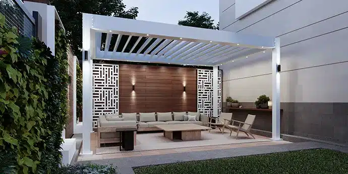 Level louvered pergola illuminated with Aura outdoor lighting