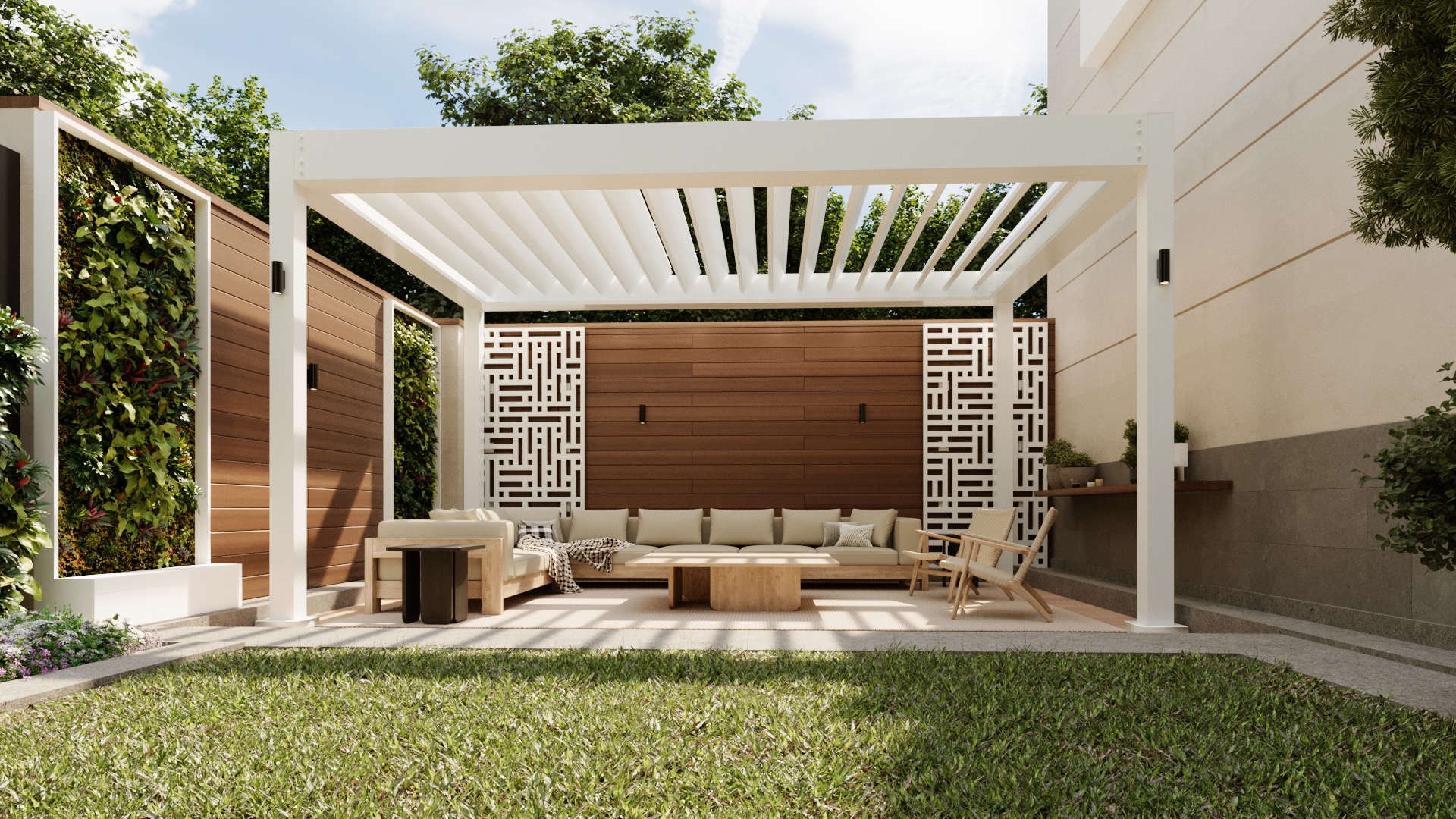 Level louvered pergola over outdoor patio